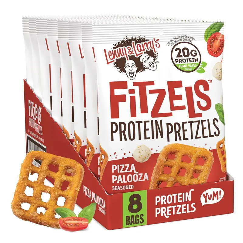 Lenny & Larry's Pizza Palooza FITZELS- Savory Pretzel Snacks Incredibly Tasty High Protein, Salty, Vegan 20 g's of Plant Based Protein 8 (eight) Bags, 3 oz Each