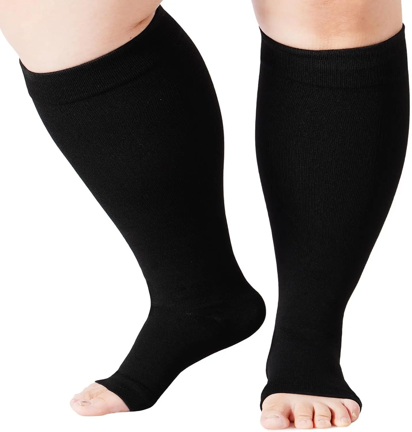 Plus Size Compression Socks Open Toe Compression for Women& Men 15-20mmHg Wide Calf Knee High Toeless Compression Sock