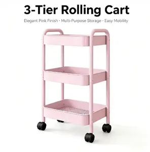 Cute Pink 3 Tier Metal Rolling Utility Cart with Lockable Wheels, Multi-Purpose Storage Organizer Cart, Makeup Beauty Cart for Bathroom Kitchen Office Craft Room Esthetician Salon, Mobile Snack Toy Storage Rack Home Organization Solution