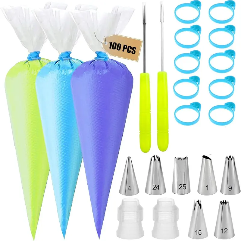 Piping Bags and Tips Set - 100 12Inch Disposable Pastry Piping Bags for Royal Icing with 7 Frosting Tips, 10 Icing Bags Ties, 2 Scriber Needle - Tipless Piping Bags Kit Bakeware Desserts Plastic graduation gift