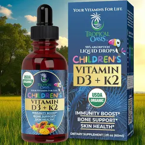USDA Organic Vitamin D3 K2 Liquid Drops|Vitamin D3 K2 Supplement for Kids & Toddlers Ages 1+|Kids Supplement for Calcium Absorption Strong Bones|Vegan, Non-GMO| 2 Fl Oz Healthcare Dietary Fitness Edible Bathroom detox d3k my daily dairy products spirulina
