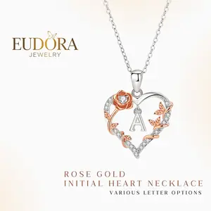 Personalized Letter Heart Necklace, Custom Initial Pendant Charms, Perfect Valentine’s Day Gift for Girlfriends, Moms, RoseGold Flower Jewelry