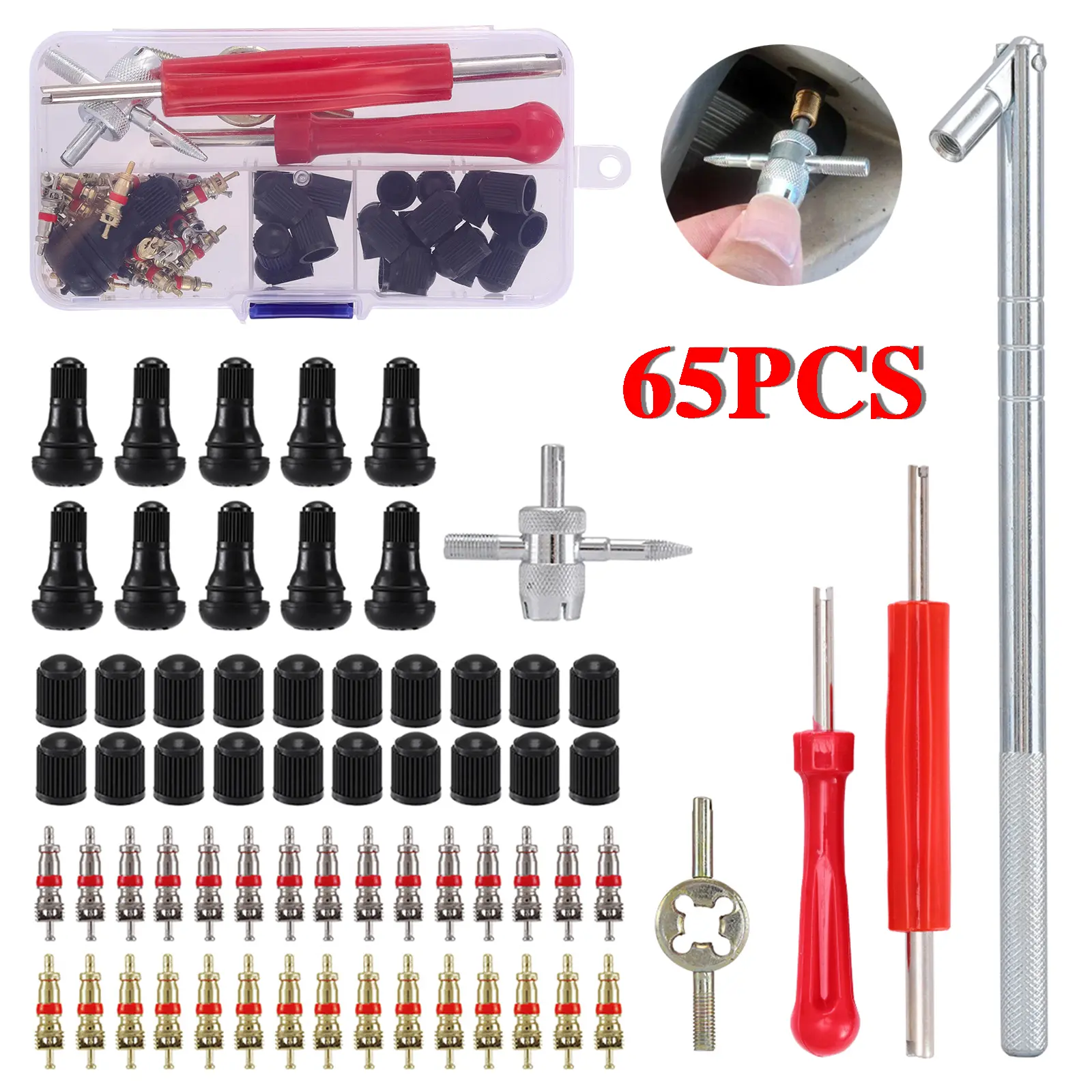 65PCS Car Tire Valve Stem Repair Tool Kit, Tire Plug Core Installation Remover Puller Replacement Tools