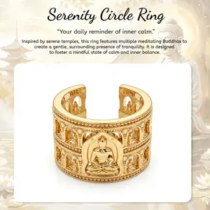 [Father's Day Gifts] 22K Gold-Plated Serenity Buddha Ring Vintage Temple Grotto Statement Band Spiritual Mindfulness   affordable Jewelry