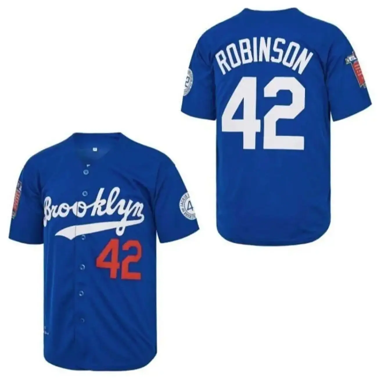 Men's Blue Brooklyn 42 Robinson Baseball Jersey, Button Down Jersey 90s Hip Hop Baseball Jerseys Shirts Stitched