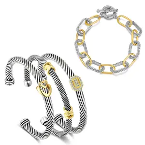 Mytys Modern Two-Tone Stackable Bracelets for Women Heart & CZ Accents, Cable Wire Bangles with Hook Clasp, Adjustable Trendy Jewellery Accessories Stainless Steel Wrist Set