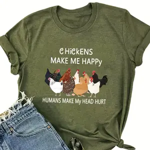 Chickens Make Me Happy Funny Chicken Graphic Cotton T-Shirt, Valentine's Day Gift for Chicken Lovers, Oversized Comfort Fashion Cute Tee