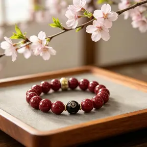 Vintage Chinese Cinnabar Stone Bead Bracelet - Unisex Natural Cinnabar Zodiac Guardian Deity Strand for Daily Wear and Gift-Giving