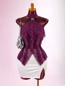 1pc Halter Mesh Backless Tank Top, Metal Buckle Ruffled Sleeveless Slim Top, Elegant For Dating Party