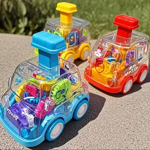 Educational Cartoon Inertia Press Back Transparent Gear Toy Car, Durable Model Gear Toy Car for Boys Girls 1-3 Years Old