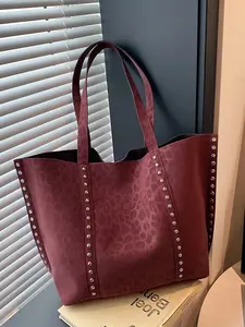 Leopard Print Studded Tote Bag, Large Capacity Shoulder Bag, Y2K Style Suede Handbag, Viral Tiktok Studded Leopard Tote, Trendy 2026 Carryall
