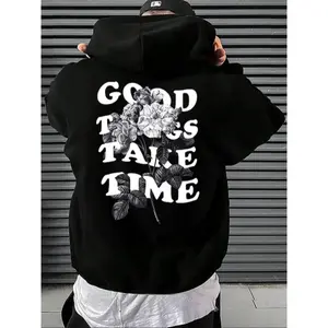 180g[100%cotton]Men's "Good Things Take Time" Graphic Print Comfort Hoodie, Vintage Floral & Letter Print Drawstring Pocket Long Sleeve Hooded Sweatshirt, Menswear