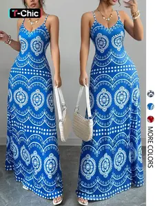 Women's Elegant Fashion Print Halter V-Neck Dress, Stylish Summer Casual Wear, Perfect for Parties and Daily