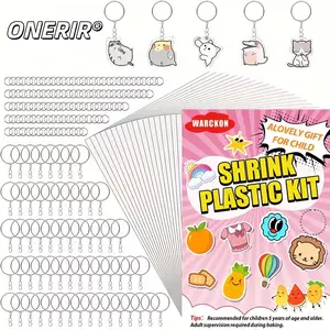 ONERIR 215 Pcs Heat Shrink Plastic Sheets Kit 15 A5 Size Shrink Film Sheets + 100 Keychain Accessories + 100 Open Jump Rings DIY Craft Supplies for Handmade Shrink Ornaments  Keychain Making