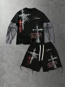 Gothic Punk Long Sleeve T-Shirt & Short Pants Set, Cross Print, Aesthetics, Men's Streetwear, Fashion Casual for Club Parties