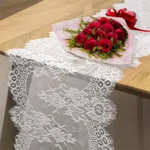 Vintage White Plain Hand-Stitched Modern Lace Table Runner, 14x118 in, 1-Piece Household Textile Table Linen, Ideal for Wedding Events