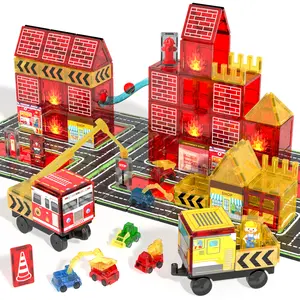 Magnetic Tiles for Kids 56PCS Construction Set with Fire Truck Station Road Crane Car Toys Educational Travel STEM Toys for Ages 4-8
