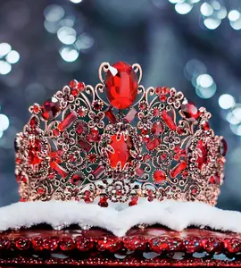 Vintage Crown Victorian Bronze Headpiece Metal Tiara Crown with Red Crystal Anniversary Gift Birthday Crown