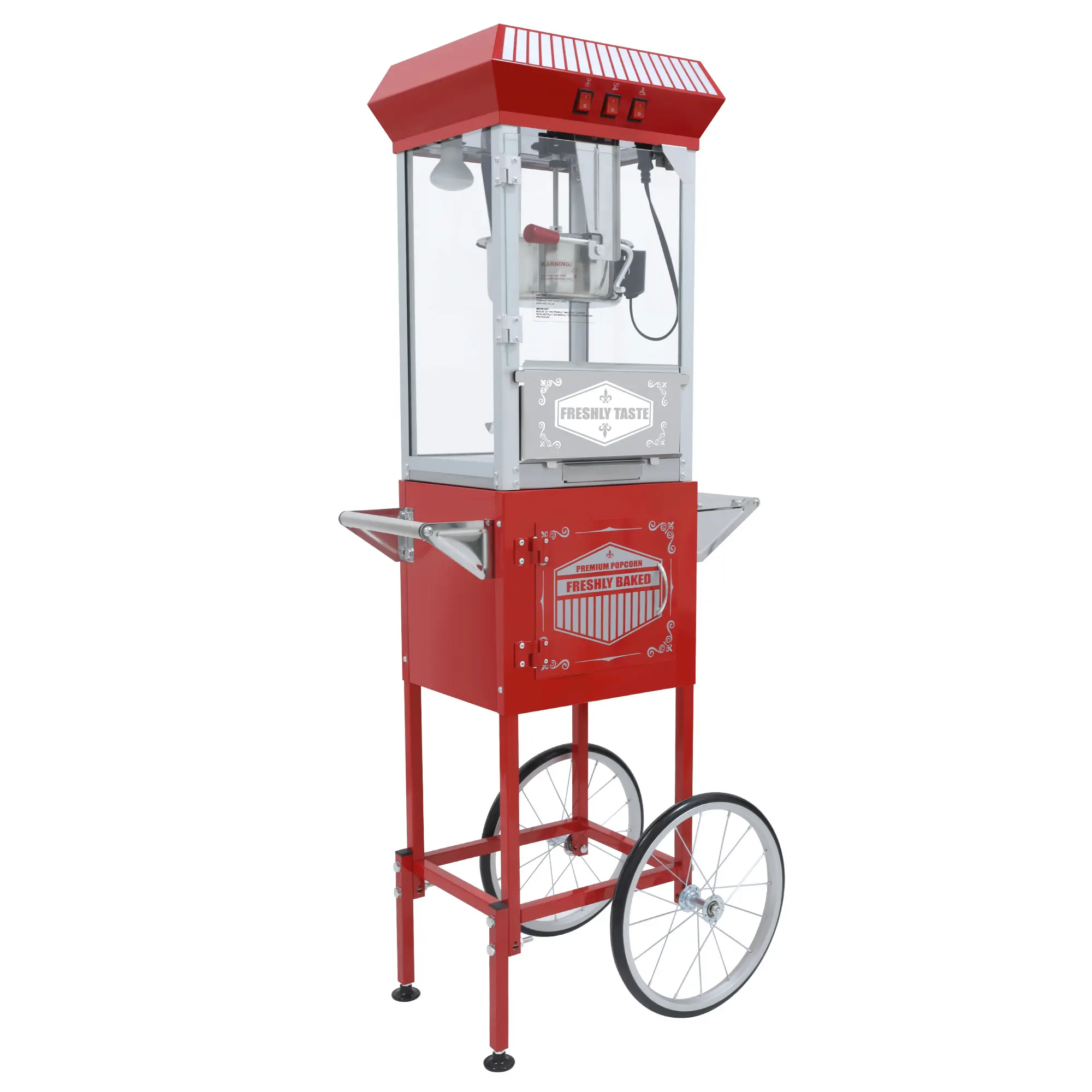 XH-P831 Antique-Style Popcorn Machine with Cart, 12-oz Kettle, 850W Motor, Tempered Safety Glass, Commercial-Quality, Easy Operation, 16" Bicycle-Style Wheels, 3-Switch Design for Parties
