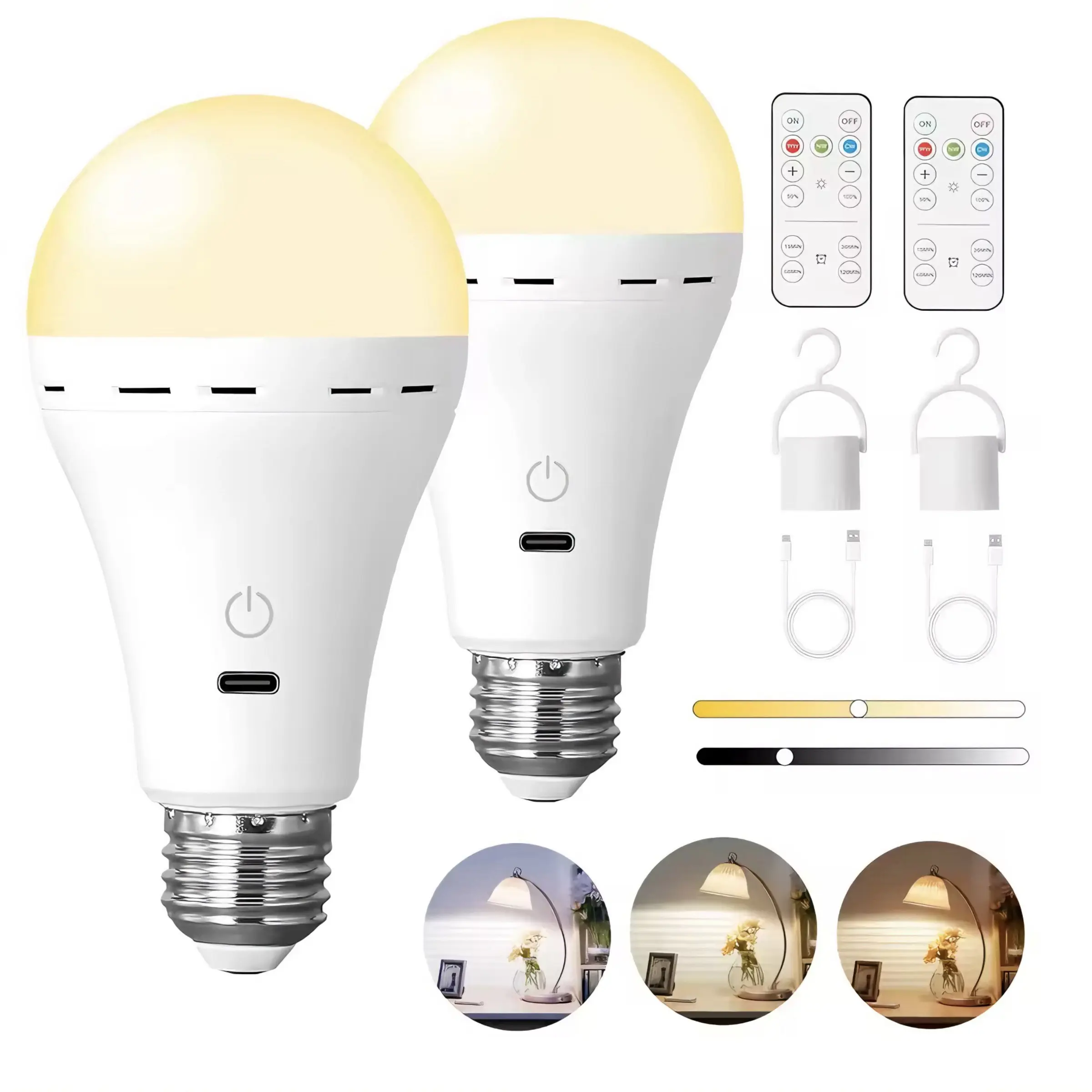 E27 Screw Base 5v USB Rechargeable LED Bulb, Remote Control Three-Color Dimmable, Portable Hanging, Universal Fit Various Lamp Shades, USB Powered Lighting