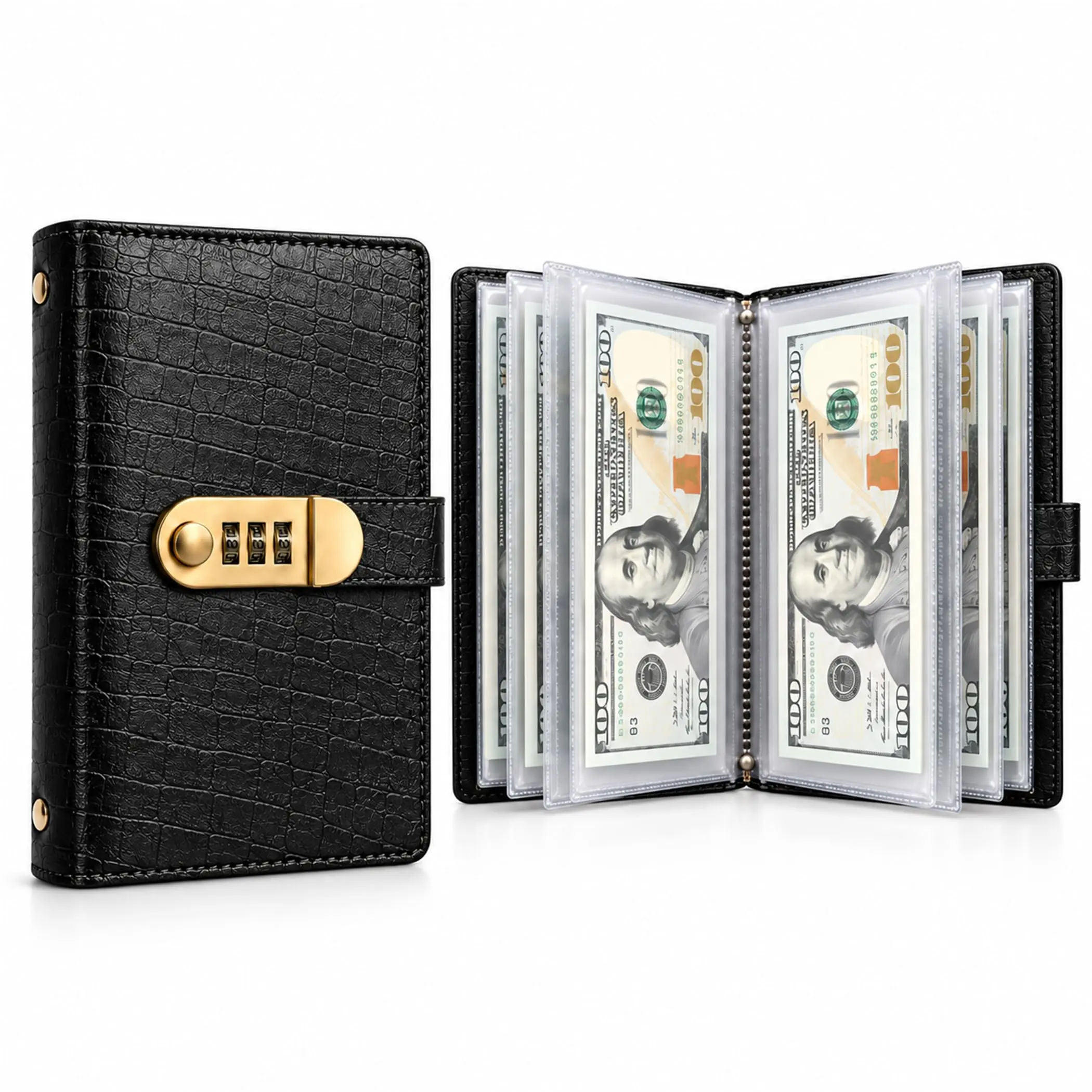 Lockable Savings Notebook, 100 Envelopes Lockable Money Savings Notebook with 3-Digit Password Lock,  Locking Banknote Collection Booklet (Black)