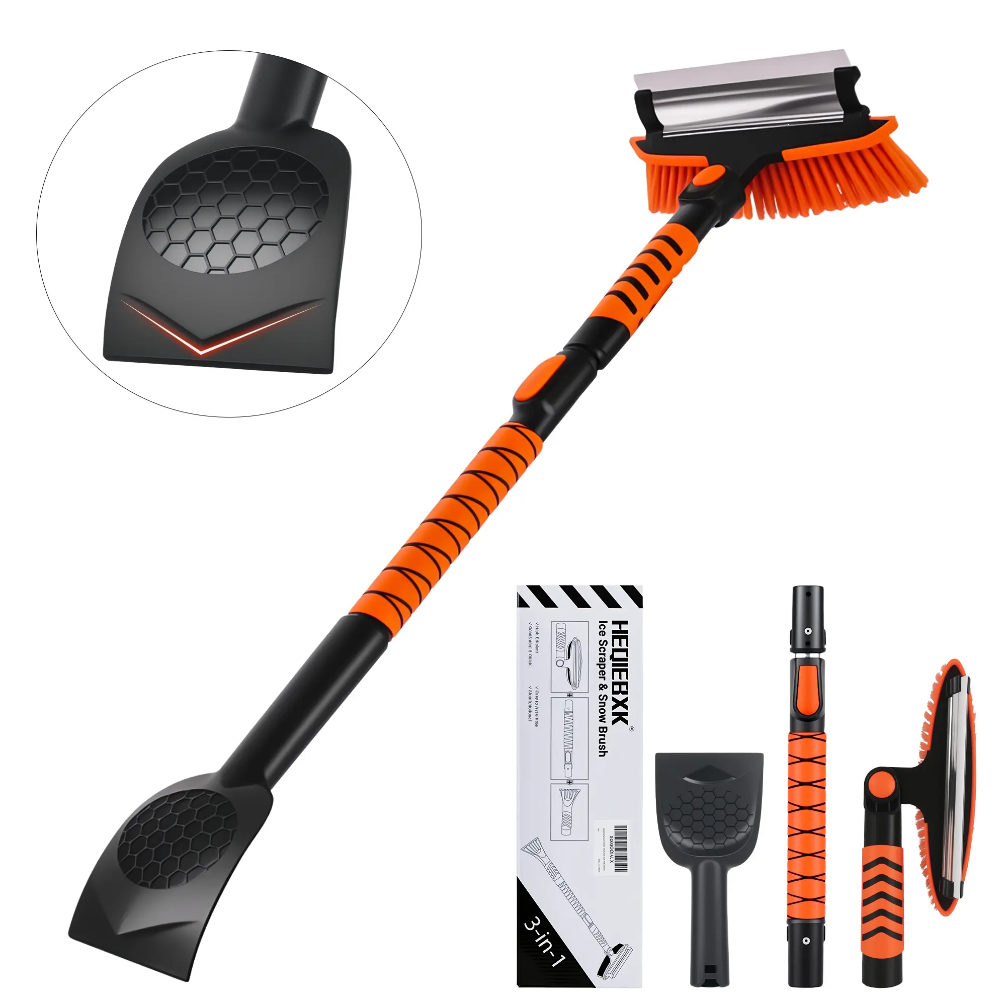 3-in-1 Snow Brush & Ice Scraper for Car, 43" Extendable Windshield Snow Removal Tool with 180° Pivoting Head, Soft Silicone Squeegee, Wide Ice Chopper, Detachable Foam Grip for Truck SUV Auto Windows