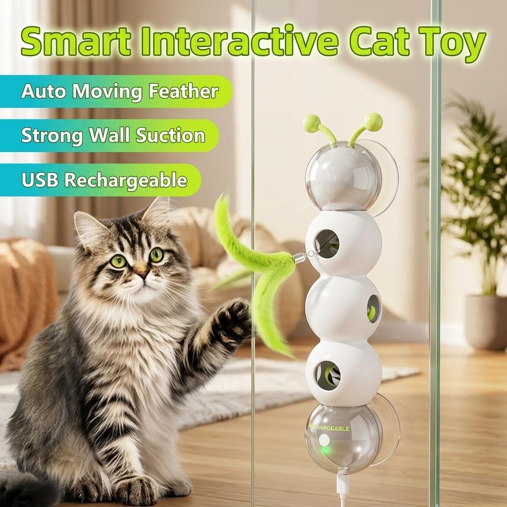 Cat Goes Crazy for This!  Auto-Moving Feather Toy with Suction Cup. USB Rechargeable & Motion Sensor Activated!