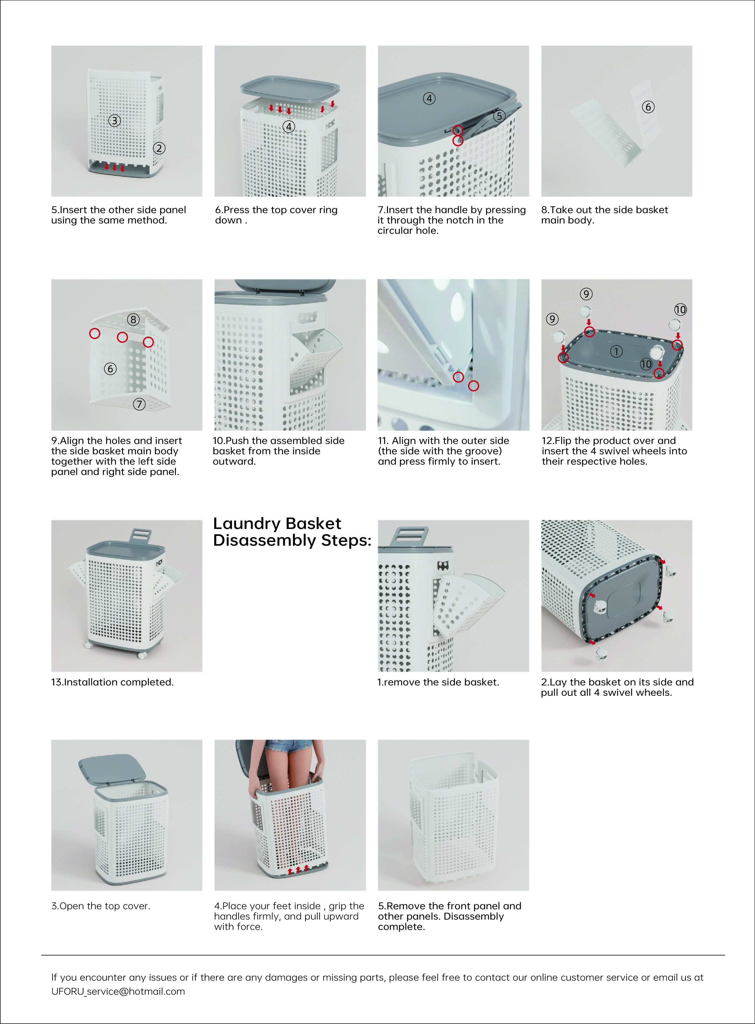 UFORU Laundry Basket with Wheels, White & Gray, Ventilated & Odor-Resistant, Portable Rolling Storage with Lid, Size Details in SKU Images, Assembly Guide in Main Image & Description