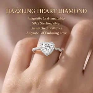 Women's Simple Heart-shaped Diamond Ring, S925 Sterling Silver, 1 Carat Paved Simulated Diamond Ring