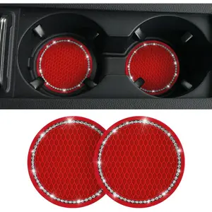 2PCS Universal Bling Cup Coaster, Rhinestone Car Accessories 2.75 inch Cup Holder Insert Mat Pad Set, Suitable for Most Car Interior (Red/White)