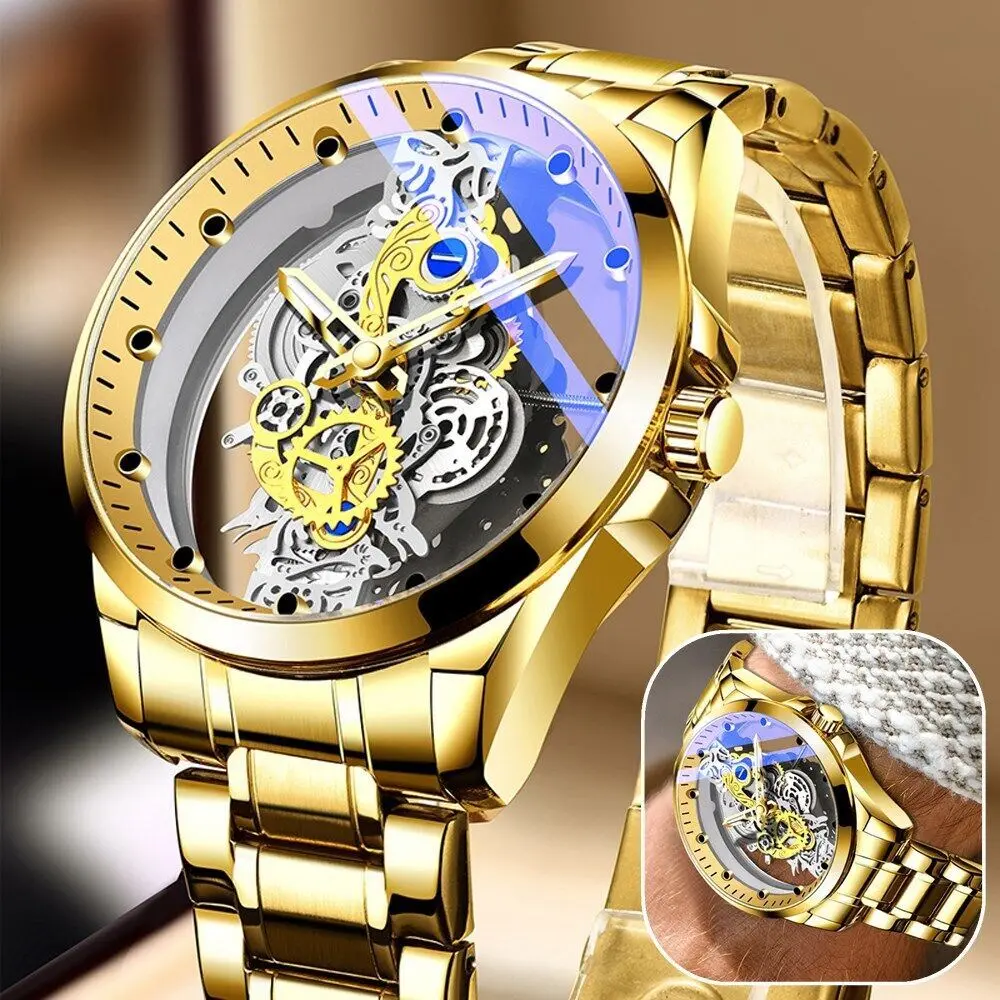 Men's Luxury Skeleton Watch Automatic Quartz Stainless Steel Business Wristwatch Gold Tone Elegant Design