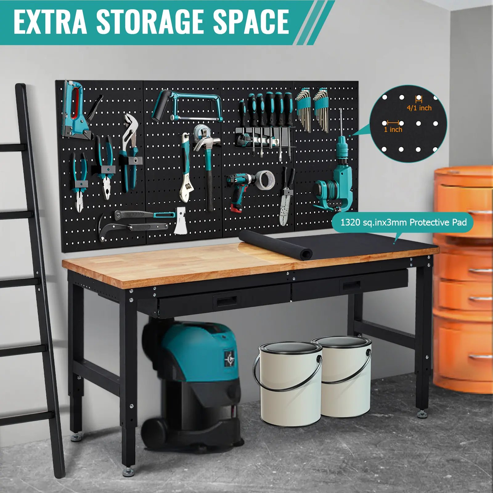60" Heavy Duty Workbench, 2000 LBS Adjustable Height Work Table with Rubber Wood Top, 3 Drawers, Pegboard Pad & Built-in Power Outlets for Garage Workshop Office
