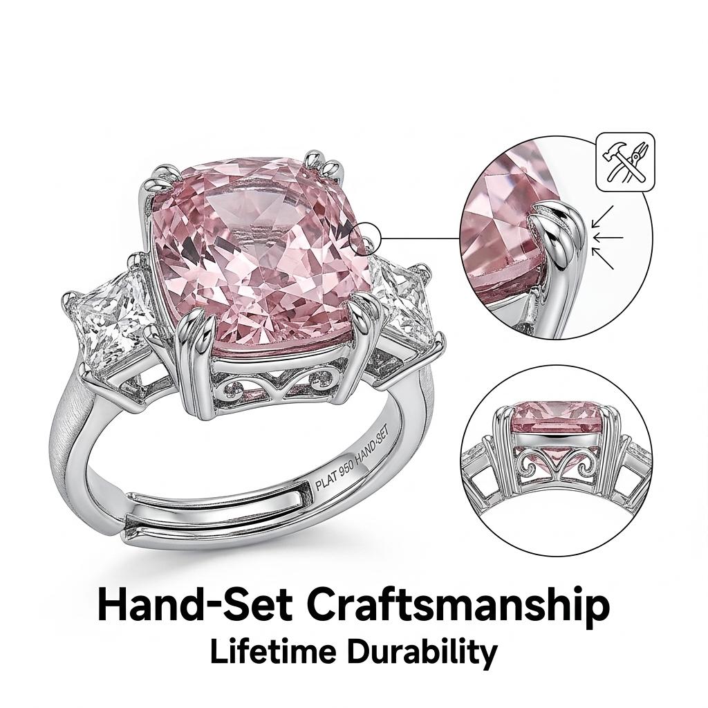 Luxury Cushion Cut Pink Diamond Ring, White Gold Plated Color Gemstone Ring, Elegant Party Index Finger Ring