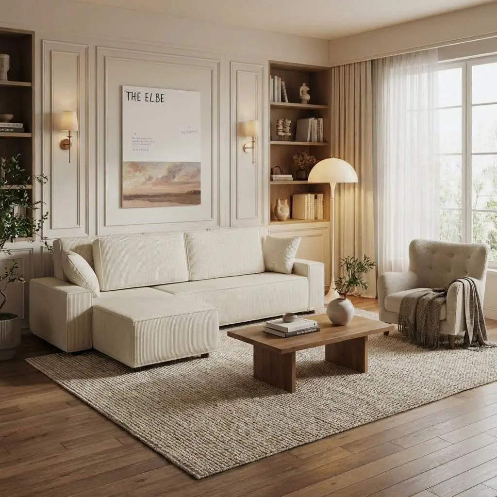 Beige Fine Corduroy Stripe Large Couch, l Shaped Oversized Sectional Sofa with Deep Seat, Comfy Modular Couch for Living Room, Apartment, 61" d x 96" w x 32" h