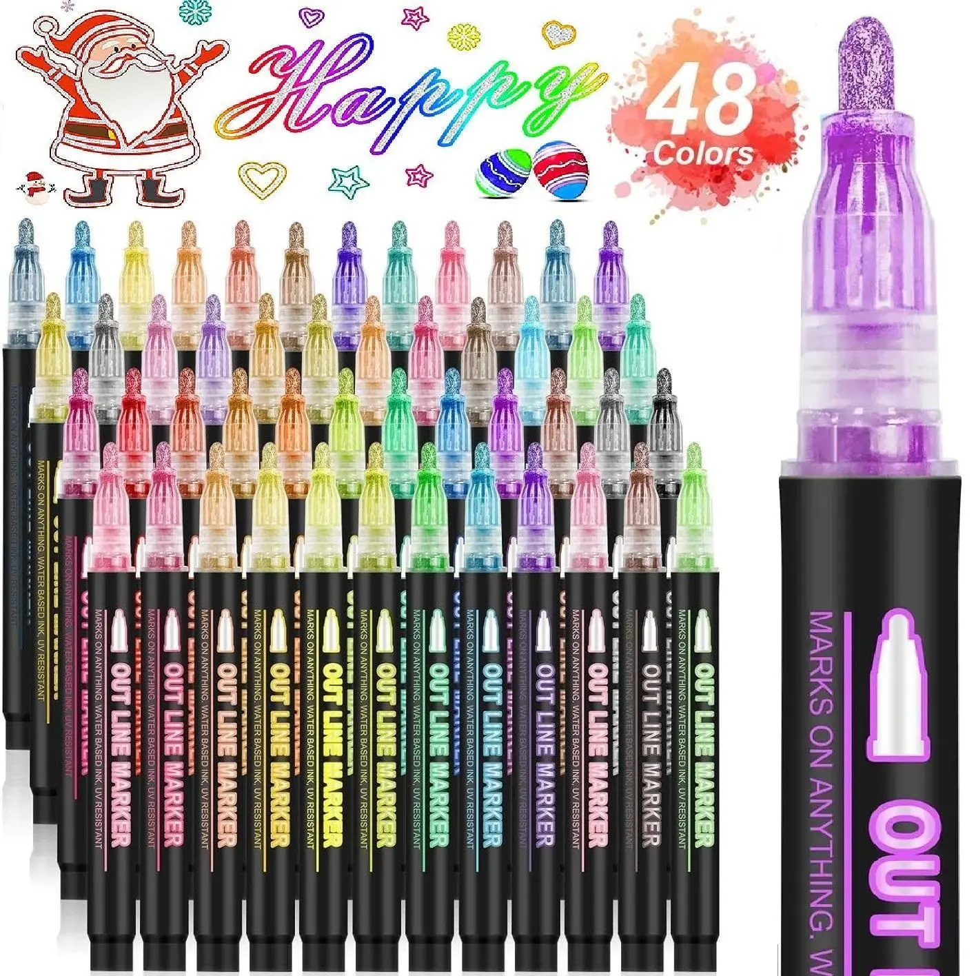 48 Color Nail Art Pen Set, Fluorescent Marking Pens, Dual Line Contour Pencils, Soft Tip Water-Based Painting Brushes, Christmas Gift, Fluorescent Markers, Creativity, Artistic Expression