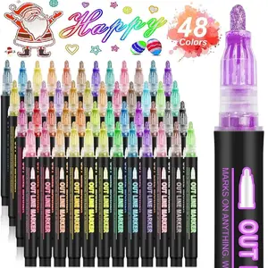 48 Color Nail Art Pen Set, Fluorescent Marking Pens, Dual Line Contour Pencils, Soft Tip Water-Based Painting Brushes, Christmas Gift, Fluorescent Markers