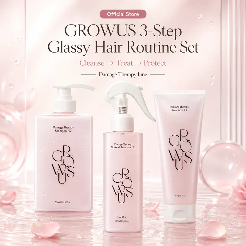 3-Step Glassy Hair Complete Routine Set for Dry, Damaged & Frizzy Hair | Marine Peptide, Ceramide, Keratin & Collagen | Shampoo + Treatment + Leave-in Spray with Heat Protection | GROWUS