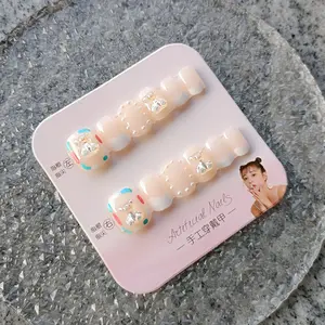 Short press-on nails with light therapy effect, simple white-edged short nail stickers, cute cartoon bear nail pieces, 24-piece summer nail set. Summer Nails Press on Nails Colorful French Tip False Nails Acrylic Nails for Women