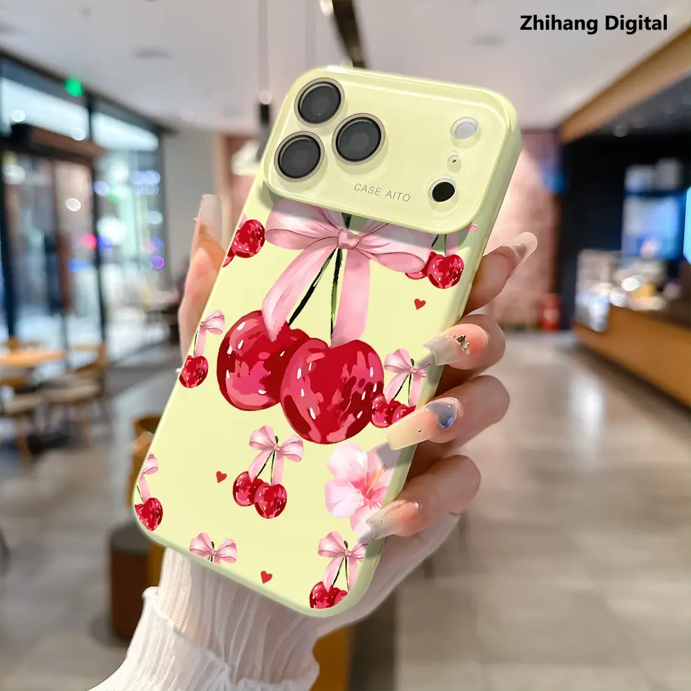 Glam Pink Bow Cherries Pattern Dopamine Ins Style TPU Smartphone Case, Ultra Skin-Friendly Touch Casing, All-Inclusive Lens Customized Cover for iPhone 12-17 Pro Max Air, Non-Slip Shockproof Rugged Durable iPhone Series Accessory, Fashion Gift, Protective