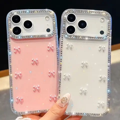 Glitter Bling 3D Pink Bow Bead Protective Case For iPhone 17 Air 16 15 14 13 Pro Max 16 Plus 16E Cover
