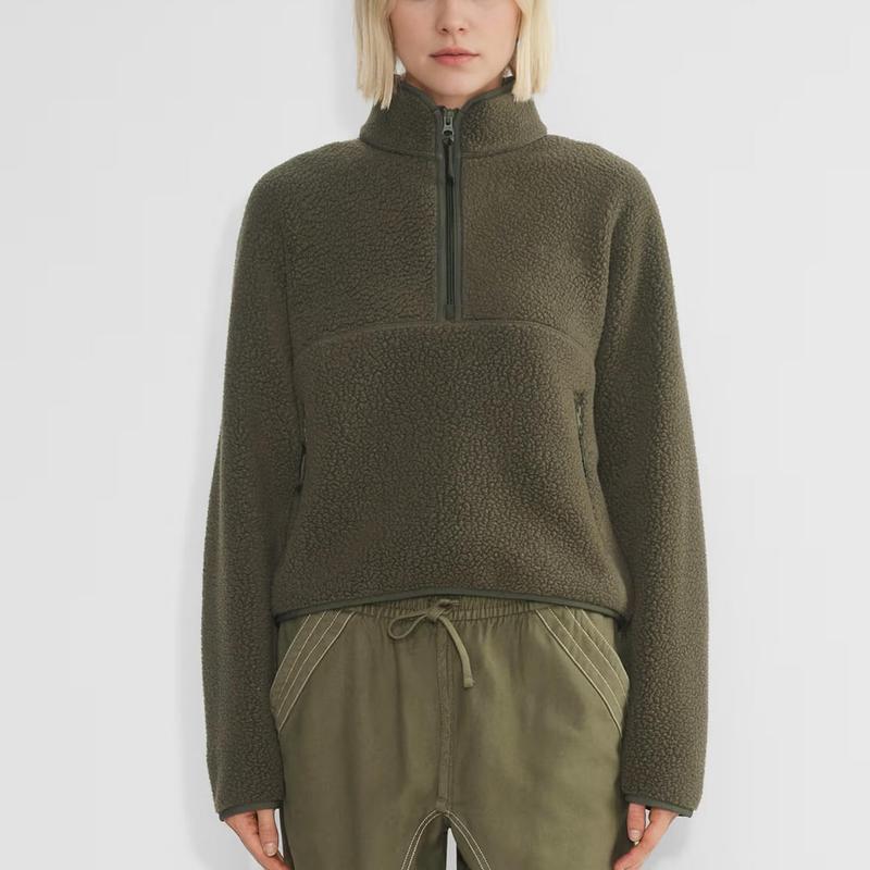 Songling Womens Fleece Sweatshirts Cropped Half Zip Fuzzy Warm Sherpa Pullover Varsity Jackets with Zipper Pockets Fit Casual Breathable Fashion   Loose Light Coats