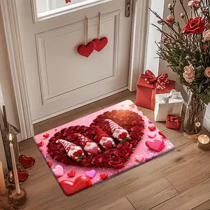 Valentine's Day Doorstep Mat, Designed with A Romantic Heart-shaped Rose Pattern, Paired with Cute Dwarf Elements, Suitable for Decorating Doorways, Stairwells, and Home Entrances, Enhancing Home Beauty and Festive Atmosphere.