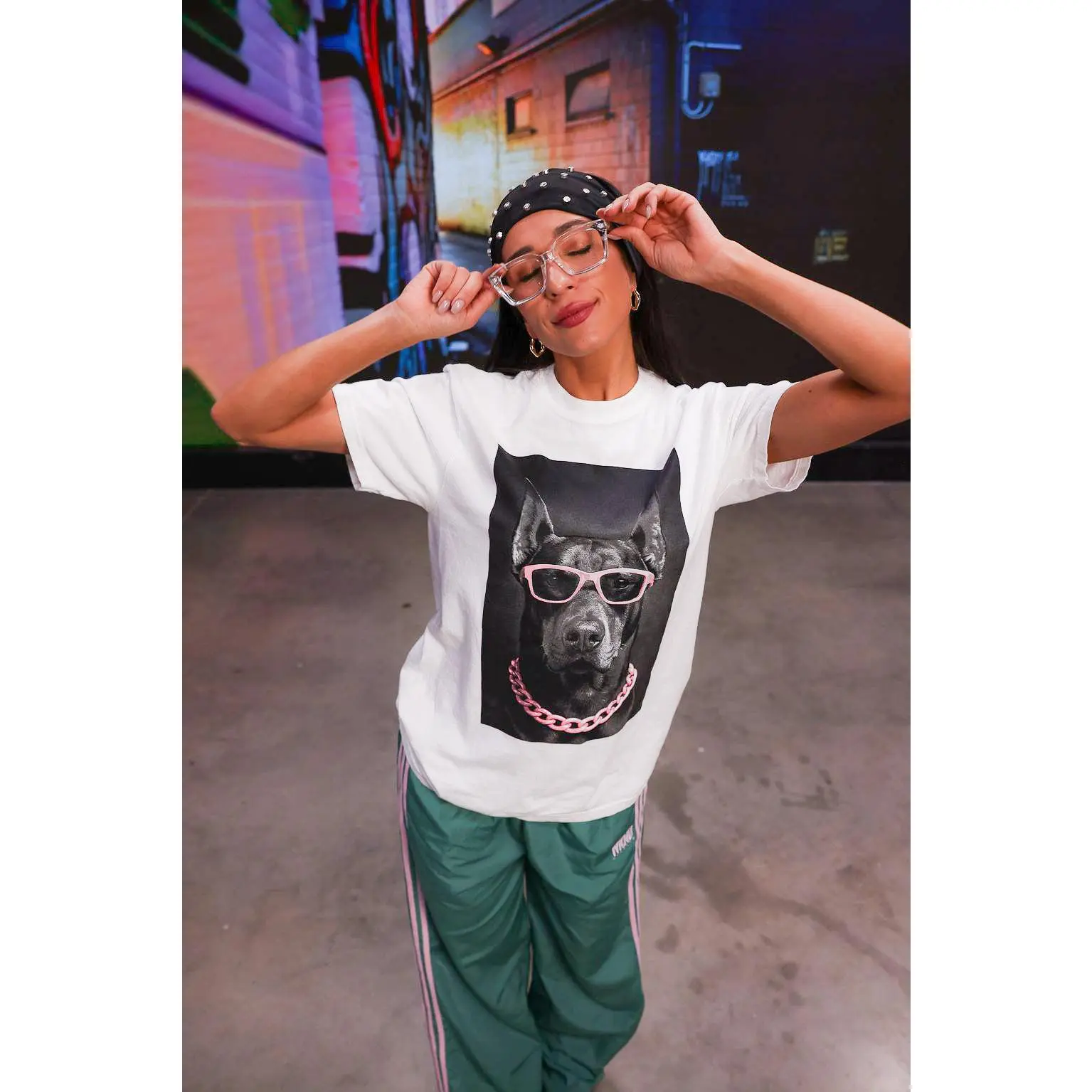Women's Doberman Graphic T-shirt with Pink Glasses & Chain, Soft 100% Cotton Shortsleeve Sport Apparel, Casual, Streetwear, Top, Tshirt, Sporty Chic, 4X, Short Sleeve, Relaxed Fit, Graphic Print, 3X, Round Neck