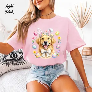 Easter Bunny Golden Retriever Dog Shirt – Cute Golden Retriever with Bunny Ears Graphic Tee, Spring Easter Egg Puppy Lover Shirt, Funny Dog Mom Easter Outfit for Women