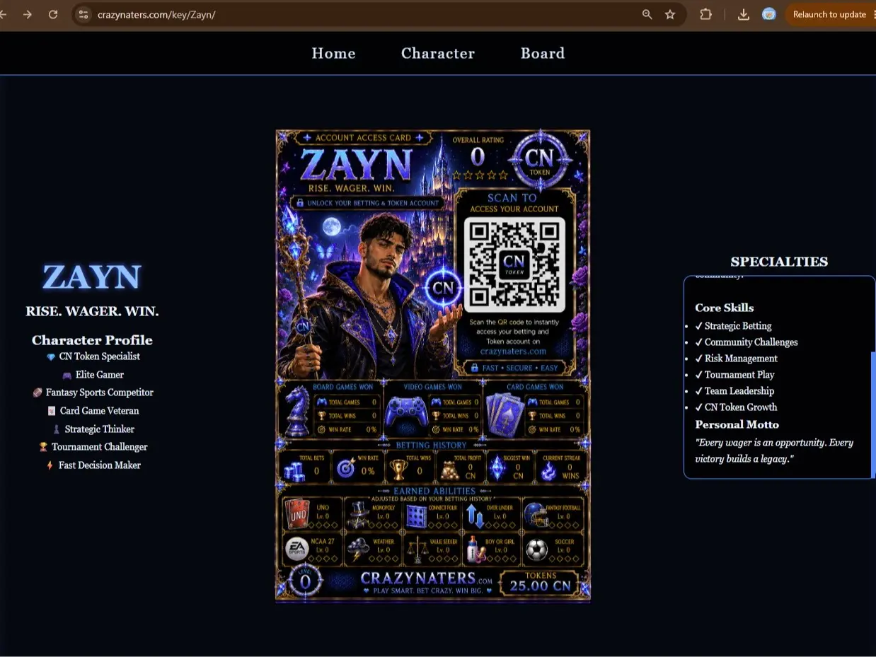 CrazyNaters.com QR Keychain and Wager Account w/25 CN tokens