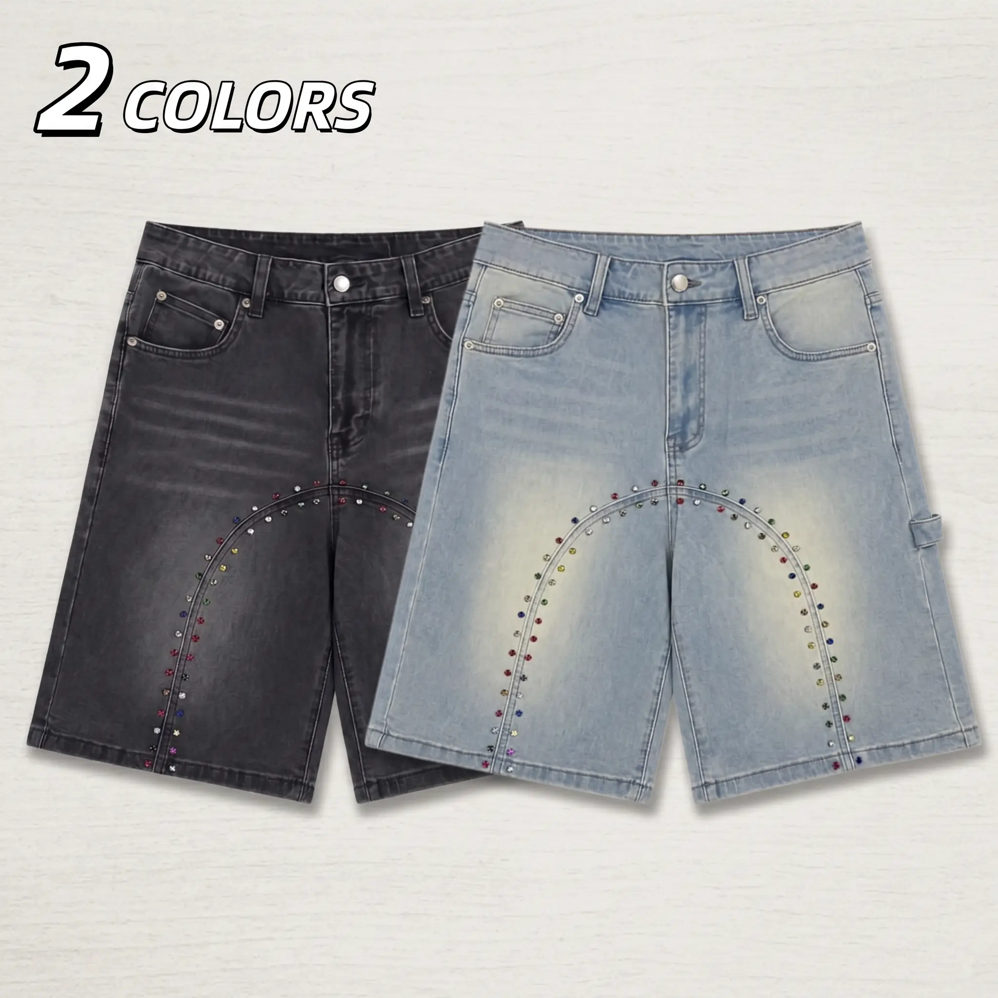 Men’s baggy jean shorts, loose fit long denim shorts; men’s light wash rainbow rhinestone curved work denim bermuda shorts; knee-length carpenter denim mid-length shorts.