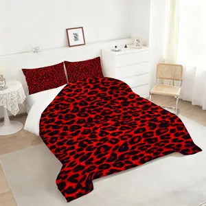 Vibrant Red Leopard Print Comforter Set, Bold Bedding Set with Black Spot Design, Perfect for Stylish Bedroom Decor, Soft and Cozy Quilted Comforter, Ideal for Modern Home Interiors, Includes 1 quilt, with 1 or 2 Pillowcase No Pillow Core