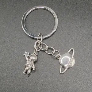 Space Keychain with Astronaut and Planet Charms Silver Tone Accessory for Keys