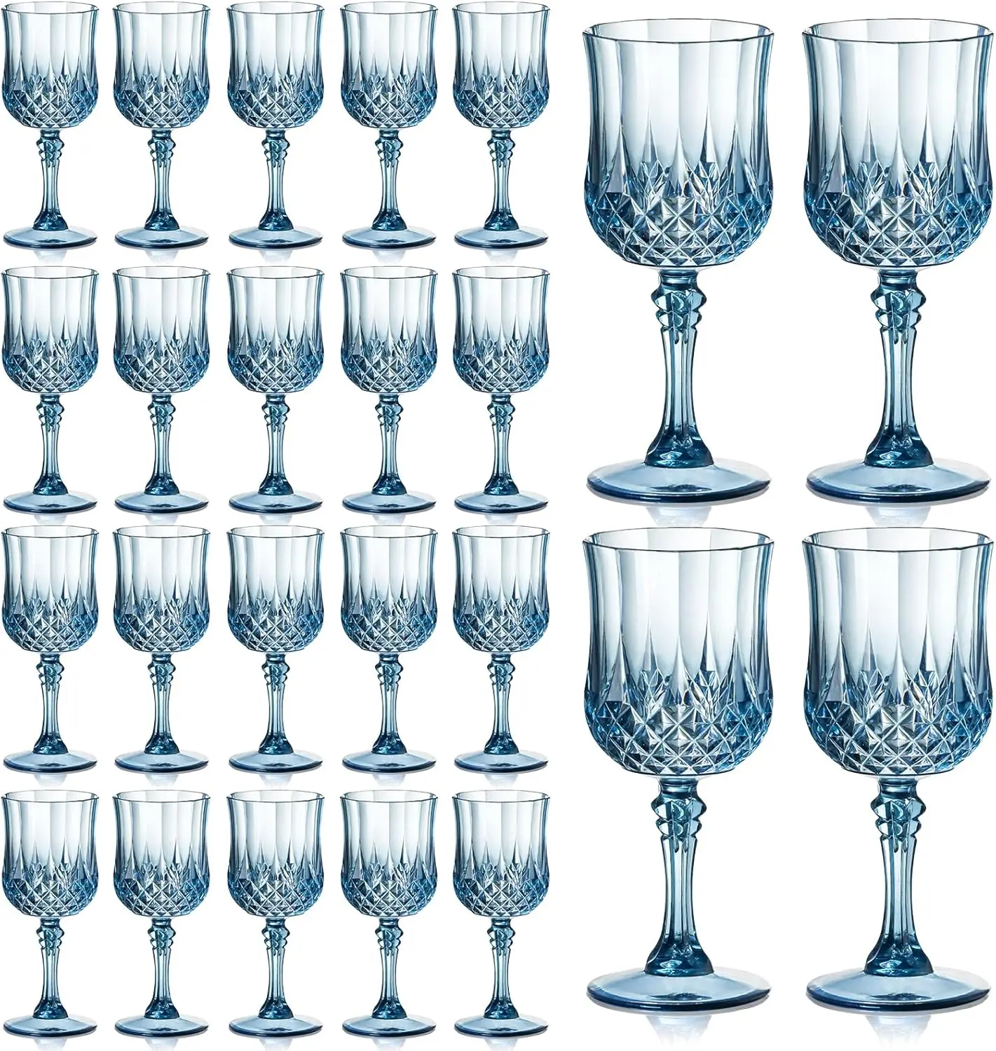 24-Count 7oz Sturdy Stylish Retro Plastic Cup Set, Unbreakable Wedding Drinkware, Water Goblets & Champagne Flutes (Blue)
