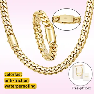 Jewelry Set 2pcs 14K Gold Plated Vacuum  Stainless Steel  Miami Cuban Link Chain 6-14mm Necklace & Bracelet for Women & Men Luxury Jewelry, Daily Wear, Fashion, Christmas Gift, Chicano, Classic, Hip Hop, Simple, Sporty